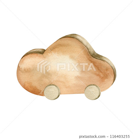 Watercolor wooden toy for little children, brown boho wooden cloud illustration. Toy for baby in wheels, eco friendly playing, minimalism, scandi style. For room postern, decor, baby shower invitation Watercolor wooden toy for little children, brown boho wooden cloud illustration. Toy for baby in wheels, eco friendly playing, minimalism, scandi style. For room postern, decor, baby shower invitation 116403255