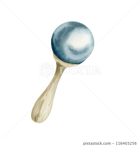 New born baby wooden rattle watercolor illustration. Hand drawn blue vintage newborn toy, playing tool painting for poster, card, invitation, birthday party baby shower design New born baby wooden rattle watercolor illustration. Hand drawn blue vintage newborn toy, playing tool painting for poster, card, invitation, birthday party baby shower design 116403256