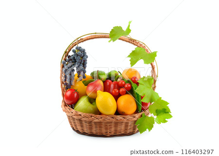 Set of vegetables in wicker basket isolated on white. 116403297