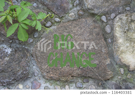 Big change symbol. Stone wall with words Big change. Beautiful stone background. Business and Big change. Copy space. Big change symbol. Stone wall with words Big change. Beautiful stone background. Business and Big change. Copy space. 116403381