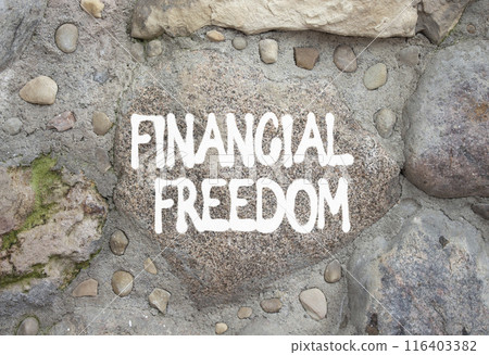 Financial freedom symbol. Stone wall with words Financial freedom. Beautiful stone background. Business and Financial freedom concept. Copy space. 116403382