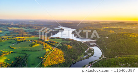 The Orlik Reservoir on Vltava River is largest hydroelectric water reservoir in Czechia. Aerial view from drone The Orlik Reservoir on Vltava River is largest hydroelectric water reservoir in Czechia. Aerial view from drone 116403397
