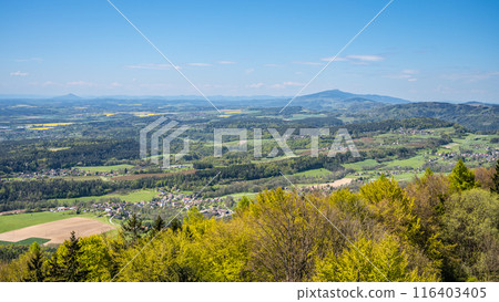 Panoramic view of Jested-Kozakov Ridge from Kozakov Mountain in Bohemian Paradise, Czechia, showcasing a lush green landscape with trees and rolling hills under a clear blue sky. Panoramic view of Jested-Kozakov Ridge from Kozakov Mountain in Bohemian Paradise, Czechia, showcasing a lush green landscape with trees and rolling hills under a clear blue sky. 116403405