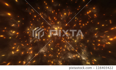 Abstract bright fiery sparks and dark gray bonfire smoke with fire, abstract background 116403422