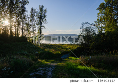 Sunset on the Fraser River, Mission, BC, Canada Sunset on the Fraser River, Mission, BC, Canada 116403452