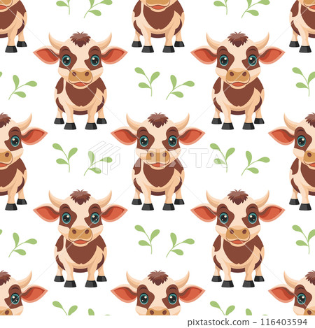Seamless pattern, cute spotted cows with flowers on a white background. Farm animal background. Print, textile Seamless pattern, cute spotted cows with flowers on a white background. Farm animal background. Print, textile 116403594