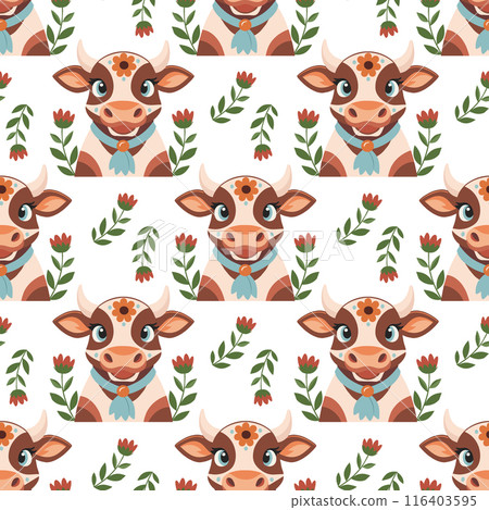 Seamless pattern, cute spotted cows with flowers on a white background. Farm animal background. Print, textile Seamless pattern, cute spotted cows with flowers on a white background. Farm animal background. Print, textile 116403595