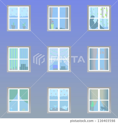 Illustration of the window of an apartment building where you can see residents cats curtains flowers and other household items standing not far from the window. Vector illustration the wall of a 116403598