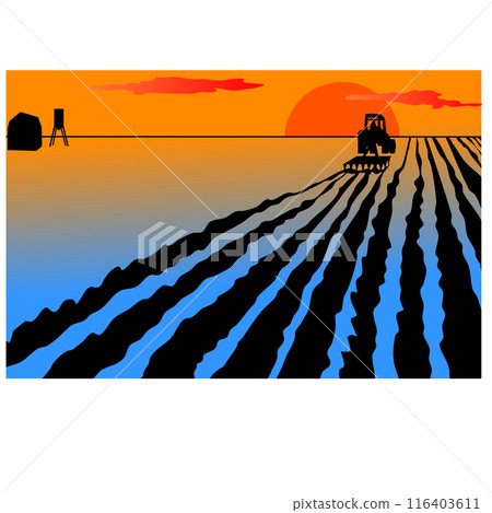 A business card or banner for farmers tillers or owners of agricultural machinery for harvesting and processing fields. Vector illustration A tractor harrows or plows a field driving towards the 116403611