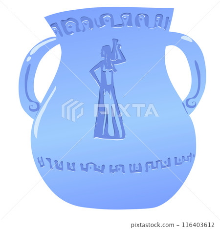 Antique curved glazed blue vase patterns. Vector illustrationAntique blue curved glazed blue vase patterns. The image on the vase shows a long-haired woman wearing a skirt to the ground with a pitcher 116403612