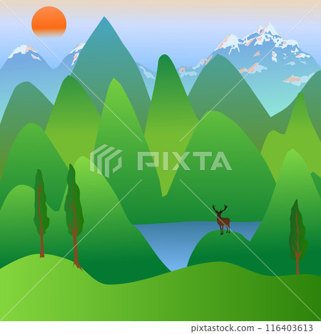 A horned deer stands in the distance near a mountain lake against the background of mountains and the setting sun. Vector illustration of a natural mountain landscape and snow-capped high mountains on 116403613