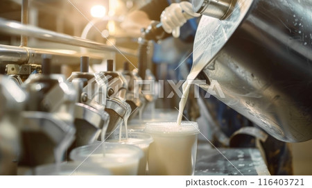Fresh milk pouring from container in dairy farm, showcasing farm life and milk production in rural agriculture 116403721