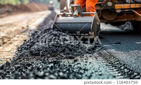 Road Construction with Heavy Machinery on a Sunny Day symbolizes progress in infrastructure and modern engineering 116403750