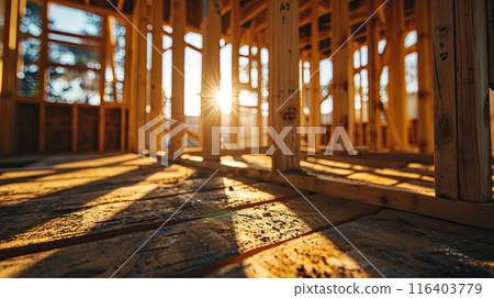 House construction framing, detailed wood textures, shallow depth of field focusing on the wooden framework, 116403779
