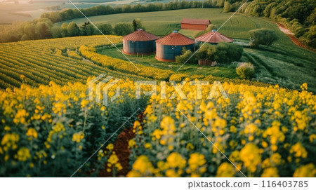 Biogas plant and farm in blooming rapeseed fields. Renewable energy from biomass. 116403785