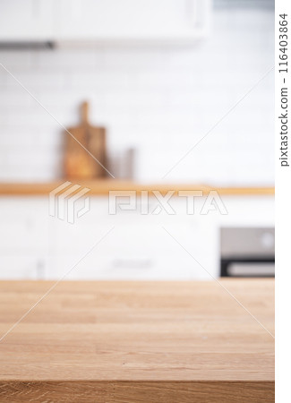 Wooden oak countertop with free space for mounting a product or layout against the background  116403864