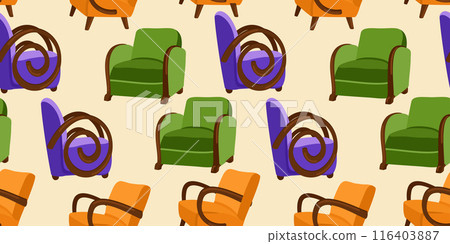 Vector seamless pattern with elegant colorful armchairs in art deco style on light background 116403887