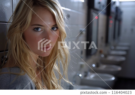 young woman stands in a bathroom, her gaze fixed on the sinks with a look of disappointment. She seems unsatisfied with something. 116404023