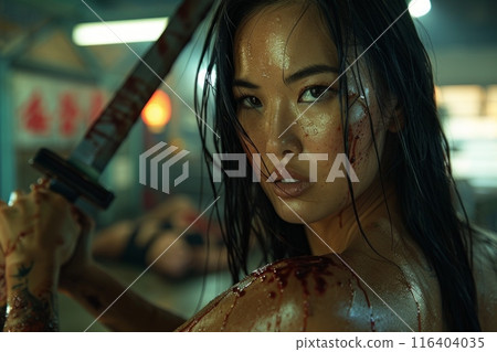 warrior woman stands with blood on her face, gripping a sharp knife in her hand. 116404035