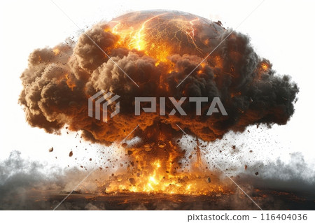 atomic explosion in brilliant hues of fiery orange and intense white, emanating energy and power on a white backdrop. atomic explosion in brilliant hues of fiery orange and intense white, emanating energy and power on a white backdrop. 116404036