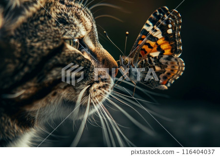 curious cat sporting a butterfly on its nose, capturing a charming moment of natures harmony and beauty. curious cat sporting a butterfly on its nose, capturing a charming moment of natures harmony and beauty. 116404037