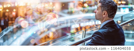 businessman, the boss of the mall, stands at the management floor, gazing out over the bustling shopping center below. businessman, the boss of the mall, stands at the management floor, gazing out over the bustling shopping center below. 116404038