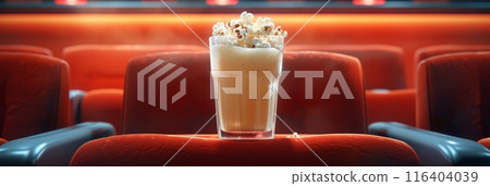 refreshing drink in a tall glass resting on a vibrant red chair. 116404039