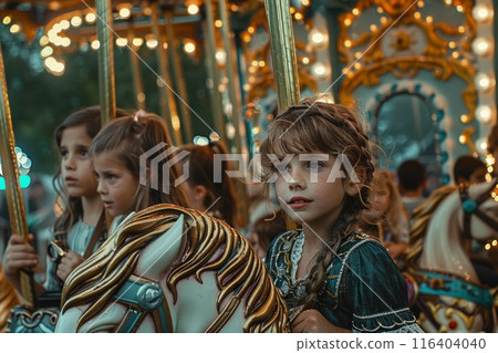 dynamic scene as a diverse group of children laugh and whoop while joyfully riding on a beautifully decorated merry go round. dynamic scene as a diverse group of children laugh and whoop while joyfully riding on a beautifully decorated merry go round. 116404040