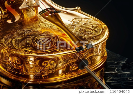 luxurious golden violin delicately placed on a sleek marble table, exuding opulence and artistry. luxurious golden violin delicately placed on a sleek marble table, exuding opulence and artistry. 116404045