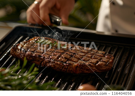 businessman in a suit showcasing his culinary skills by expertly grilling a juicy steak on a sizzling grill, creating a mouthwatering aroma. 116404056