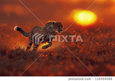 majestic cheetah races through a vast field, its slender body cutting through the air as the sun dips below the horizon, casting a warm glow over the breathtaking scene. majestic cheetah races through a vast field, its slender body cutting through the air as the sun dips below the horizon, casting a warm glow over the breathtaking scene. 116404086