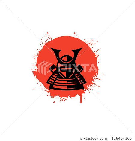 Samurai Japan warrior illustration red flag background. Samurai warrior in traditional armor. Samurai Japan warrior illustration red flag background. Samurai warrior in traditional armor. 116404106