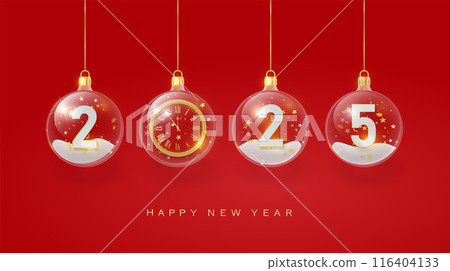 2025 Happy New Year in red. 2025 Golden metal number in glass bauble, decoration. Realistic 3d render metallic sign. Xmas Poster, banner, cover card, brochure flyer, layout design 116404133