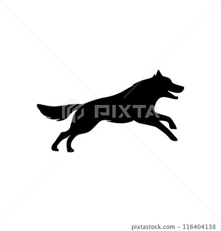 Run dog silhouette jump vector logo icon. Sport dog canine fast profile sign silhouette background. 116404138