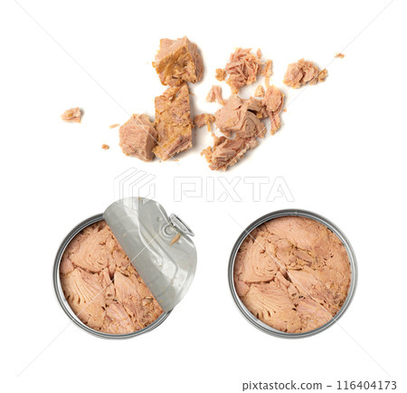 Canned Tuna Isolated, Albacore Fish Chunks in Open Tin Can, Tuna Oil Preserve, Seafood Conserve Canned Tuna Isolated, Albacore Fish Chunks in Open Tin Can, Tuna Oil Preserve, Seafood Conserve 116404173