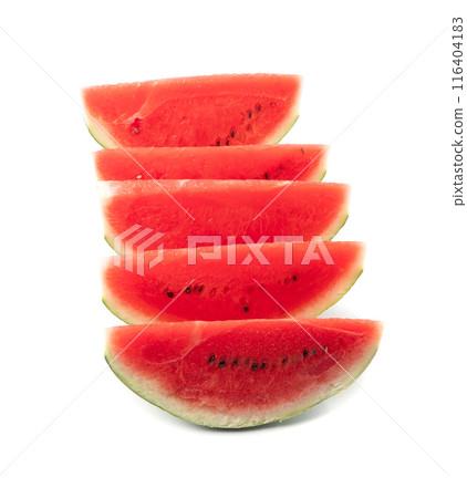 Watermelon pieces isolated. Water melon wedges pile, chopped Citrullus lanatus, red wassermelone cuts group 116404183