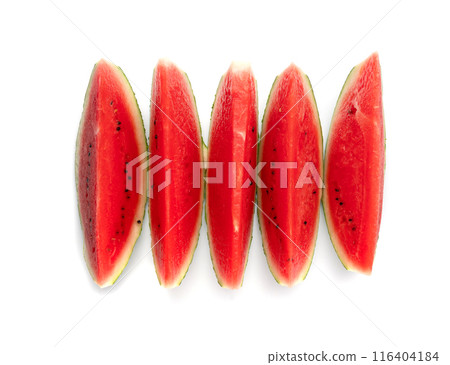Watermelon pieces isolated. Water melon wedges pile, chopped Citrullus lanatus, red wassermelone cuts group 116404184