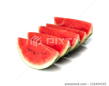 Watermelon pieces isolated. Water melon wedges pile, chopped Citrullus lanatus, red wassermelone cuts group 116404185