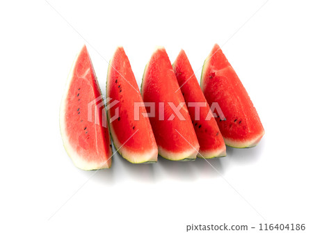 Watermelon pieces isolated. Water melon wedges pile, chopped Citrullus lanatus, red wassermelone cuts group 116404186