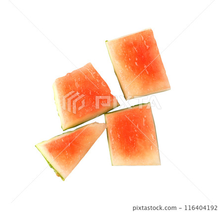 Watermelon pieces isolated. Water melon wedges pile, chopped Citrullus lanatus, red wassermelone cuts group 116404192