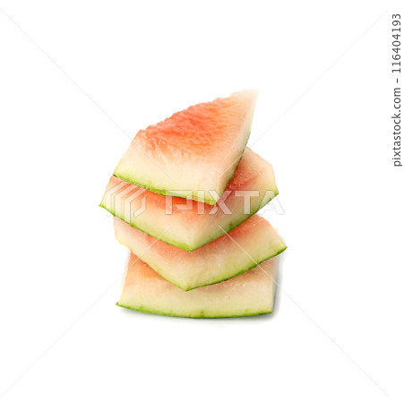 Watermelon pieces isolated. Water melon wedges pile, chopped Citrullus lanatus, red wassermelone cuts group 116404193