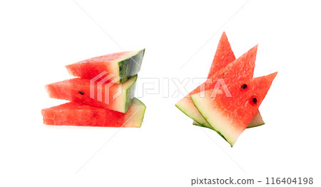 Watermelon pieces isolated. Water melon wedges pile, chopped Citrullus lanatus, red wassermelone cuts group 116404198