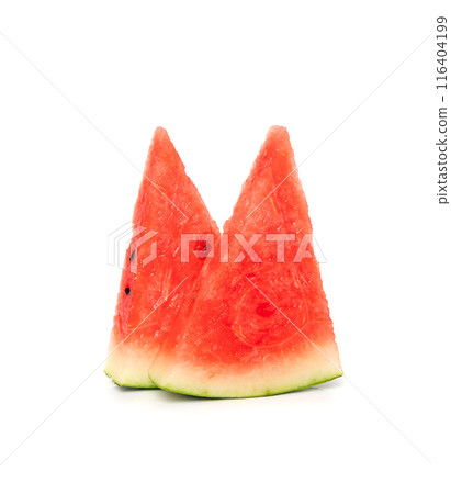 Watermelon pieces isolated. Water melon wedges pile, chopped Citrullus lanatus, red wassermelone cuts group 116404199