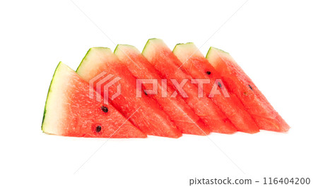 Watermelon pieces isolated. Water melon wedges pile, chopped Citrullus lanatus, red wassermelone cuts group 116404200