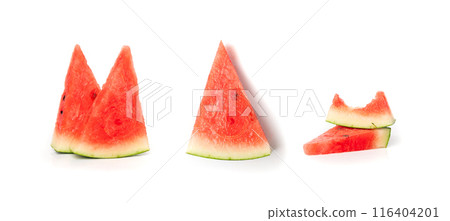 Watermelon pieces isolated. Water melon wedges pile, chopped Citrullus lanatus, red wassermelone cuts group 116404201