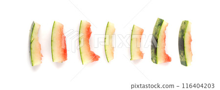 Watermelon skin isolated. Water melon shell, watermelon peel bio garbage for compost, organic waste Watermelon skin isolated. Water melon shell, watermelon peel bio garbage for compost, organic waste 116404203