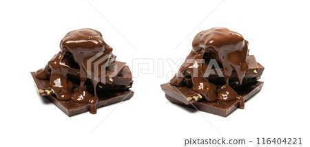 Broken chocolate bar stack, isolated. Milk chocolate square pieces, melted cubes, small bloks pile, choco Broken chocolate bar stack, isolated. Milk chocolate square pieces, melted cubes, small bloks pile, choco 116404221