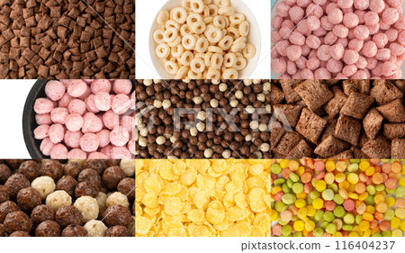 Breakfast cereal balls mix texture background, crunchy corn cereals collage, color crispy corn balls pattern 116404237
