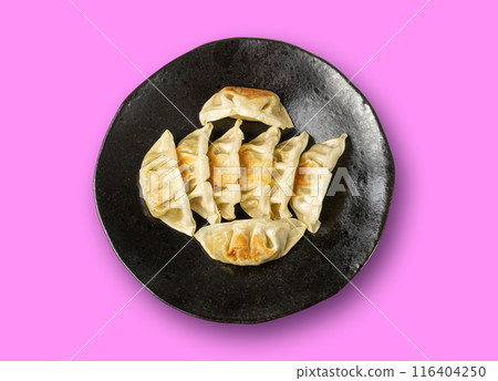 Gyoza Chinese Dumplings Top View, Vegetable Jiaozi, Chicken Momo Pile, Asian Gyoza Portion on Pink 116404250