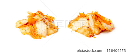 Kimchee isolated. Spicy kim chi pile, hot fermented napa cabbage, traditional jimchi, korean gimchi 116404253